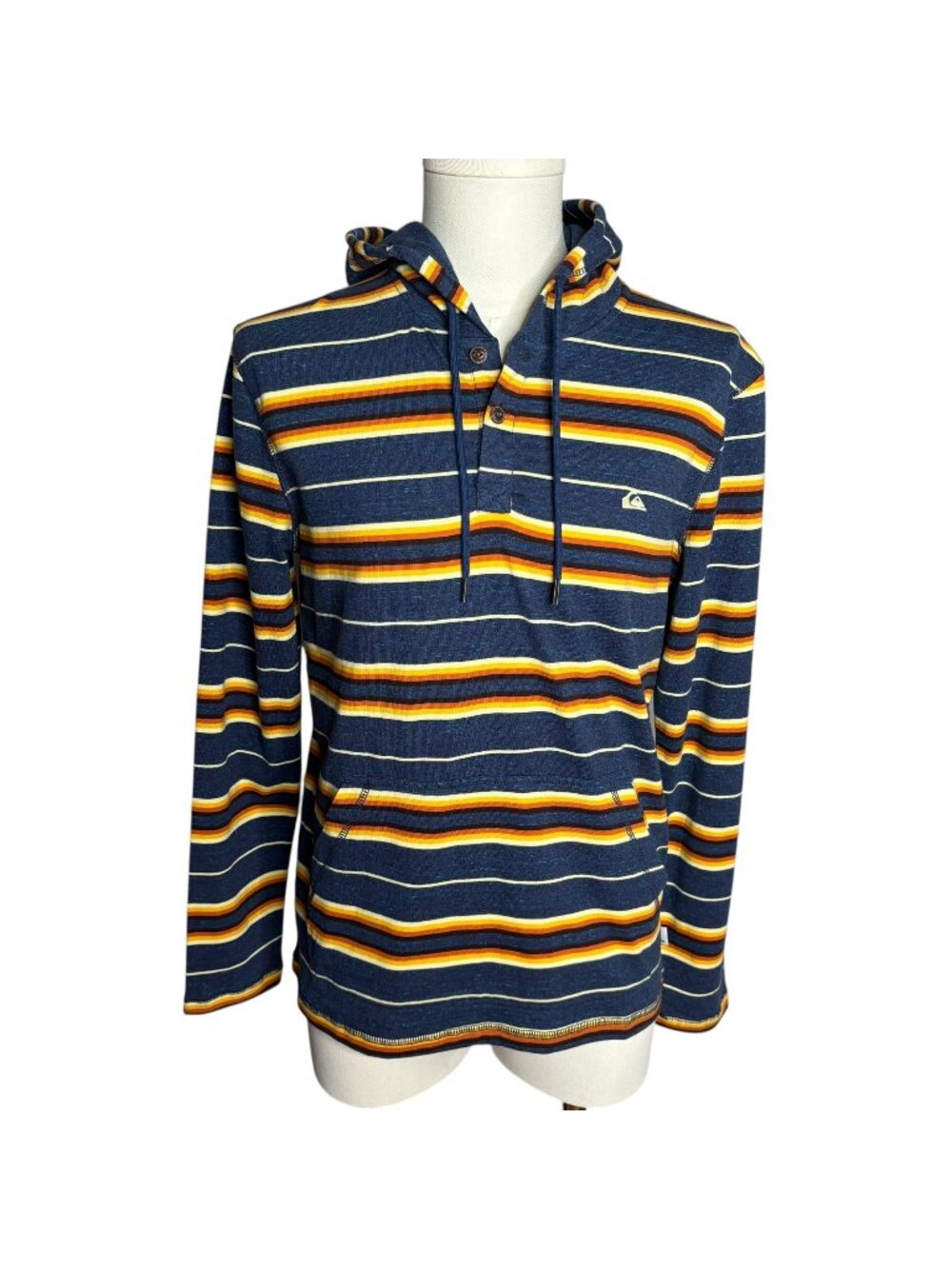 Quicksilver Hooded Henley Long Sleeve Shirt S Blue Striped Kangaroo Pocket NEW